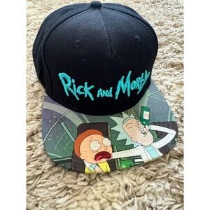 Rick and Morty Bioworld Snapback Hat Black Teal Adult Swim Flat Bill Cap